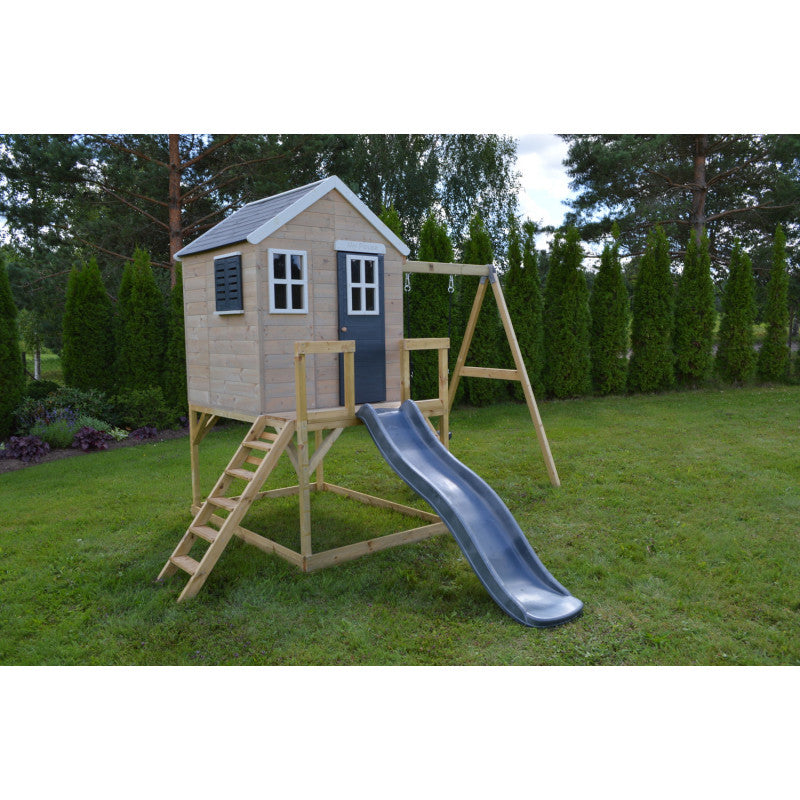 Casuta de gradina Grey Lodge cu platforma, tobogan si leagan (M24G), Wendi Toys